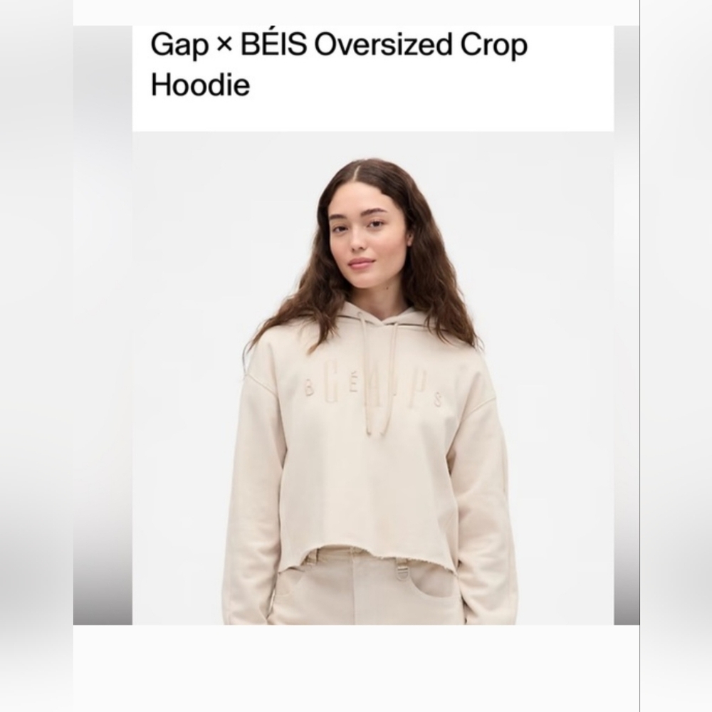 GAP X Beis Cream Oversized Cropped Hoodie with Subtle Logo Patch | xxs